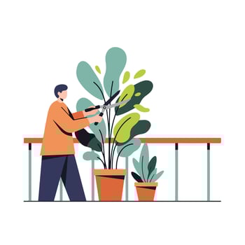 Man cutting plants in the garden, illustration vector