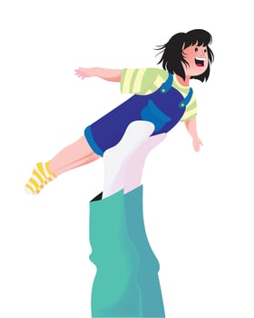 Smiling girl pretending to fly while lifted by parent on white background perfect for family themes childhood concepts playful lifestyle images and creative projects vector