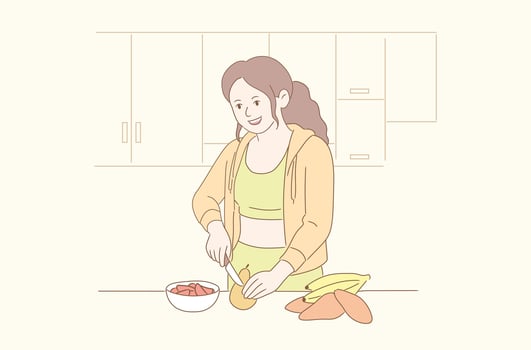 Woman Preparing Fruit in Kitchen vector