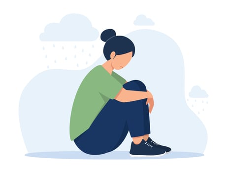Sad Depressed Woman Crying Alone. Unhappy girl grieving loss hugging herself. Young sad girl sitting on the floor and hugging her knees. vector