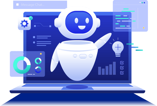 Prompt Engineering in AI Chatbot llm Application, Robotic Assistant with laptop dashboard chat message and Big data concept illustration clipart png