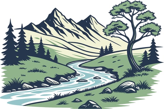 Realistic Natural Scene with Trees and Sky Mountain and Forest Natural Scene Illustration vector