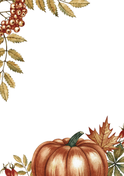 Autumn vertical frame with orange pumpkin, leaves, and mountain ash. Hand-drawn watercolor illustration. Colorful image for autumn holidays, greeting and invitation cards, banners, and posters. png