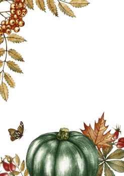 Autumn vertical frame with green pumpkin, leaves, and mountain ash. Hand-drawn watercolor illustration. Colorful image for autumn celebrations, greeting and invitation cards, banners and posters. png