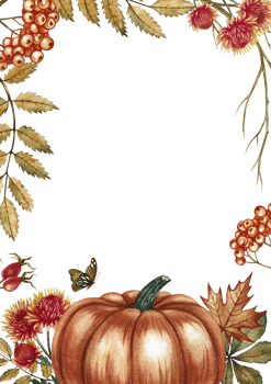 Autumn vertical frame with orange pumpkin, leaves, chrysanthemum flowers, and rowan berries. Hand-drawn watercolor illustration. For autumn holidays, greeting cards, invitations, posters, and more. png