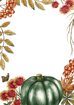 Autumn vertical frame with green pumpkin, leaves, chrysanthemum flowers, and rowan berries. Hand-drawn watercolor illustration. For autumn holidays, greeting cards, invitations, posters, and more. png