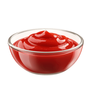 A clear glass bowl filled with smooth red ketchup isolated on transparent background png