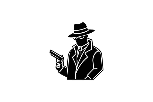 Mysterious Man with Gun in Trench Coat and Hat Silhouette Illustration black white silhouette illustration vector