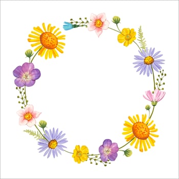 Wreath with meadow bright flowers. Watercolor illustration vector