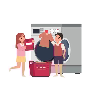 Laundry concept. young kids ,sibling are help to washing clothes, doing laundry with Modern washing machine. Flat cartoon illustration. vector