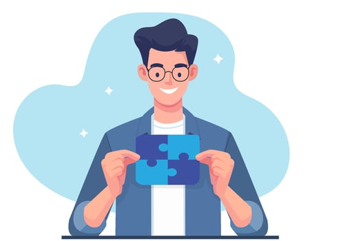 A young man is holding a completed jigsaw puzzle. vector