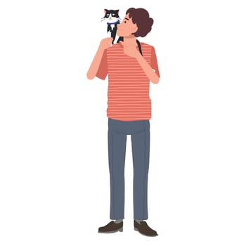 Cat lovers concept. a man holding, hugging, kissing his cat with love as a cat person. Flat cartoon illustration vector