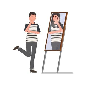 transgender concept. an unhappy man looking shadow himself through mirror, he want to be a woman. Man transgender looking in mirror and seeing woman vector