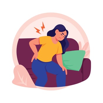 A flat illustration of a woman sitting on couch suffering back pain vector