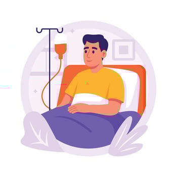 Flat illustration of a man in a hospital bed, receiving an intravenous drip. vector