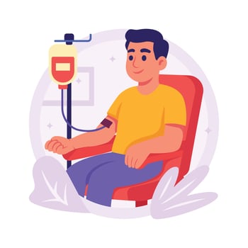 Flat illustration of a man in a hospital bed, receiving an intravenous drip,. vector
