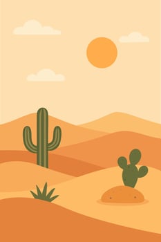 Stylized flat illustration of a warm desert landscape with cacti and sand dunes. vector