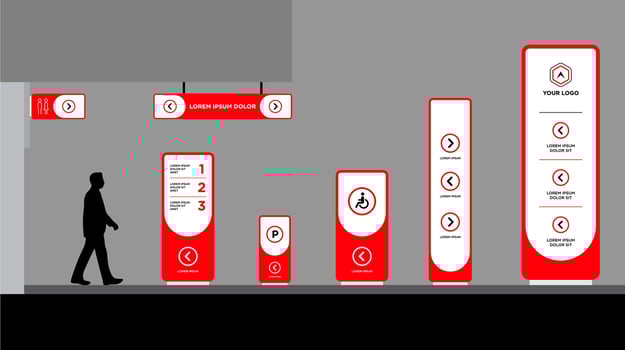 Exterior and interior signage red white graphic traffic signage system vector
