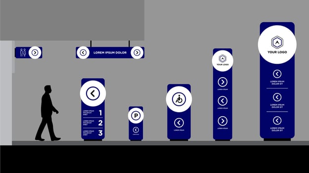 Exterior and interior signage blue white graphic traffic signage system vector