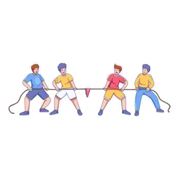 Two teams pulling rope in a tug of war match. Cartoon style with bold outlines ideal for sports events, teamwork concepts, Independence Day games, outdoor competitions, and community activities. vector