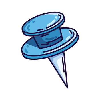Blue push pin with sharp metal point. Cartoon style with bold outlines ideal for office stationery, school supplies, notice boards, maps, organization, and productivity design projects. vector