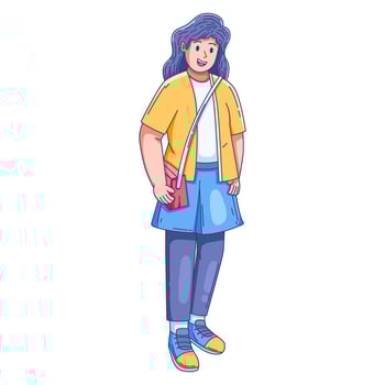 Smiling young woman stands in a casual outfit with a crossbody bag on white background. Clean cartoon style with bold outlines and soft shading great for lifestyle, fashion, and education uses. vector
