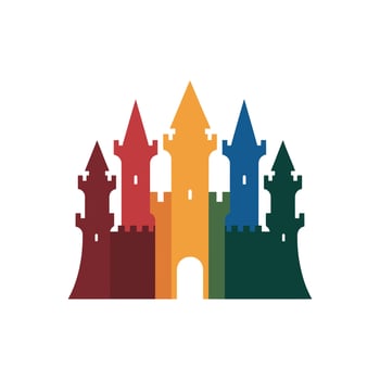 Colorful castle silhouette with multiple towers and archway fortress vector