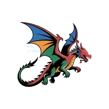 Red green and blue winged dragon flying with sharp claws and teeth wings mythical creature vector