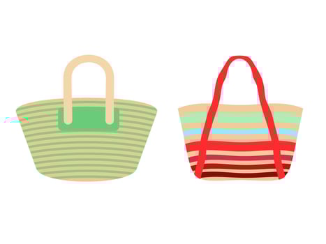 Different beach bags for women. Striped beach bag. Collection of cartoon drawings with woven bags for vacation or holiday vector