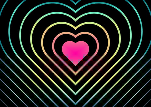 Concentric heart shapes in vibrant rainbow gradient lines expand from a solid pink center on a black background, creating a visually striking and modern abstract design. vector