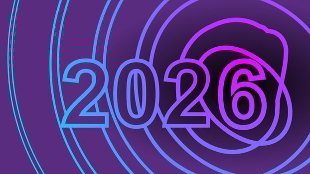 The year 2026 is prominently displayed with a vibrant blue and pink gradient on a dark purple background. create a futuristic and dynamic visual effect, symbolizing time, progress, and innovation. vector