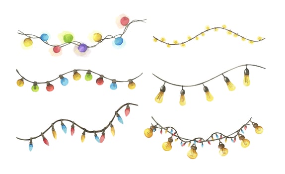 Colorful Watercolor Light Garland Christmas Decoration Hanging Bulb Festive String Border Seasonal Illustration vector