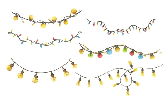 Colorful Watercolor Garland Light String Decorative Party Ornament Christmas Holiday New Year Greeting Border vector