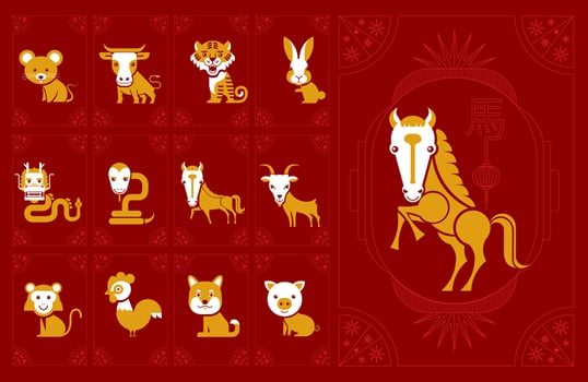 Set of Chinese zodiac signs, cartoon character, Chinese horoscope zodiac collection vector