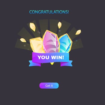 Winner Page For Casino Or Slot Games UI Purple Blue Ribbon Golden Blue Pink Crystals Design vector