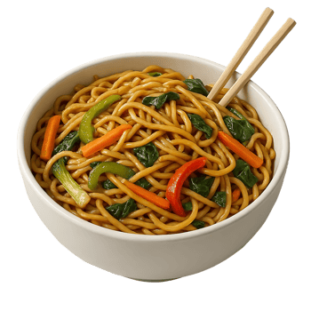 Chow mein noodles with vegetables and chopsticks, realistic food art, in white bowl on transparent background png