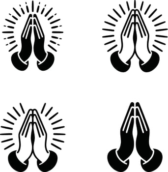 Four black praying hands icons with radiating lines vector