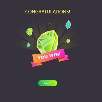 Winner Page For Casino Or Slot Games UI Pink Orange Ribbon Green Crystals Design vector