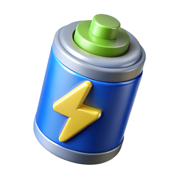 Stylized blue battery icon with yellow lightning bolt and green cap isolated on transparent background png