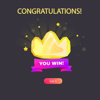 Winner Page For Casino Or Slot Games UI Purple Ribbon Golden Fantasy Crown Crystal Design vector