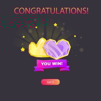Winner Page For Casino Or Slot Games UI Purple Ribbon Golden Fantasy Crown Purple Heart Crystal Design vector