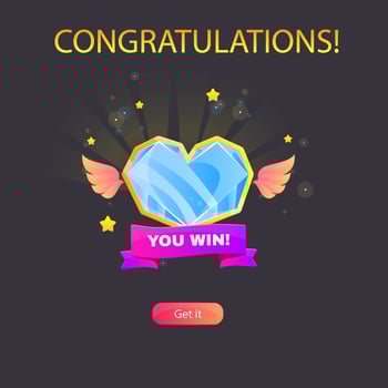 Winner Page For Casino Or Slot Games UI Purple Ribbon Blue Fantasy Heart Crystal Design vector