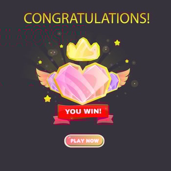 Winner Page For Casino Or Slot Games UI Red Ribbon Pink Fantasy Crystal Heart Badge Crystal Design vector