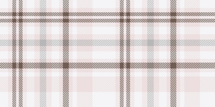 Seamless white, brown, and light pink tartan plaid pattern with soft diagonal stripes. Geometric checkered design for fabric, wallpaper, or digital backgrounds. repeatable textile texture. vector