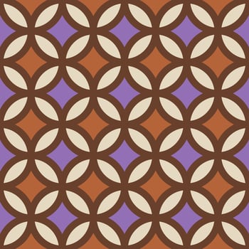 Seamless geometric pattern in a classic 70s retro style. This design features interlocking circles that create a repeating leaf motif, all in a nostalgic color of purple, rust orange and brown vector