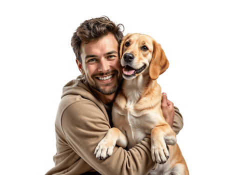 A man is holding a dog in his arms png