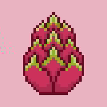 Retro pixel art dragon fruit icon. This illustration features the iconic pink skin and green scales, making it an excellent symbol for tropical and healthy foods vector