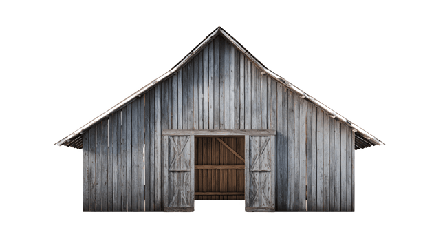 Rustic wooden barn with open doors isolated on transparent background png