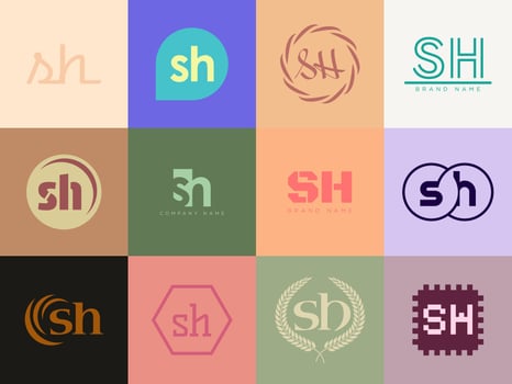 SH logo company template. Letter s and h logotype. Set different classic serif lettering and modern bold text with design elements. Initial font typography. vector