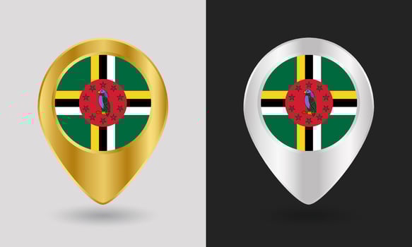 Dominica flag pin icons in gold and silver vector